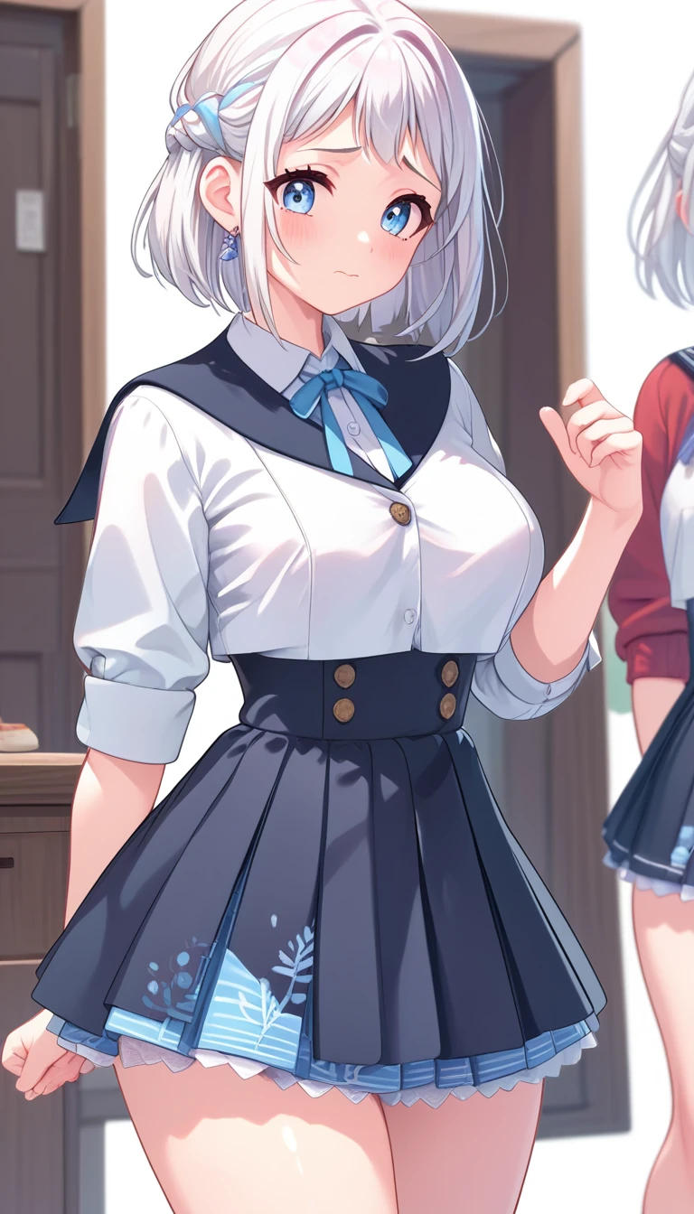 16k,8k,4K, lilja-default , katsuragi lilja,blue eyes,white hair,short hair,braid,,sailor collar,neck ribbon, white shirt,layered skirt,high-waist skirt,blush,embarrassing,big breast,thick thighs,shiny skin,white background 