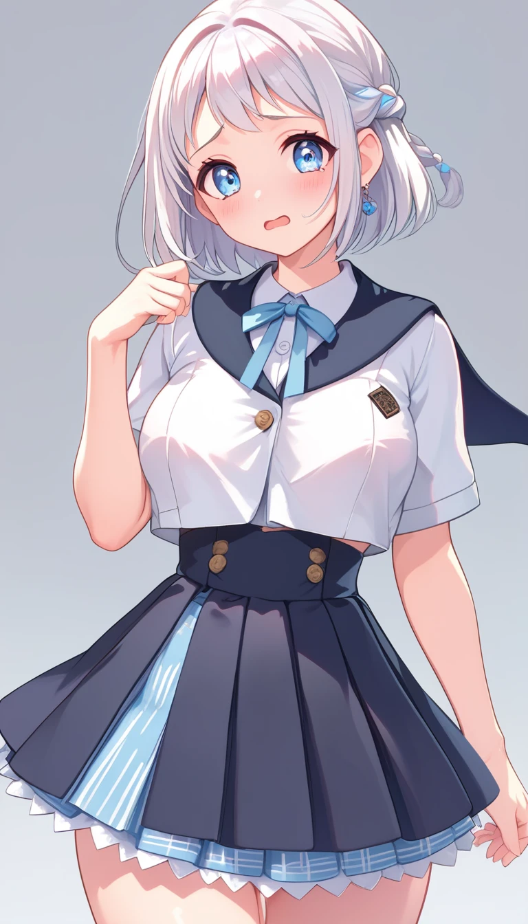 16k,8k,4K, lilja-default , katsuragi lilja,blue eyes,white hair,short hair,braid,,sailor collar,neck ribbon, white shirt,layered skirt,high-waist skirt,blush,embarrassing,big breast,thick thighs,shiny skin,white background 