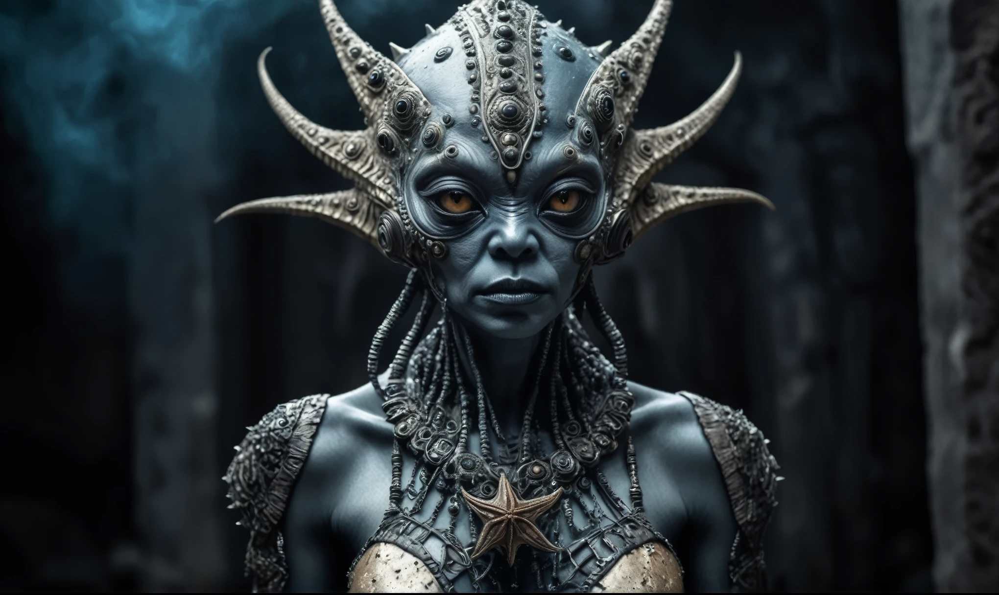 full body length shot,nerd graphite  Alien Entity,native africa slave ,nowadays azctec central city,Cinematic,soft colors, Technicolor,natural skin textures, hyper realism, hyper detailed,Extremely detailed,High contrast,Masterpiece,Realistic,Ultra Detailed, intricate details,realistic humid leather,extremely intricate details,Epic Realistic, cinematic style, irina yermolova,high contrast,hdr,extremely detailed, [deep night landscape],masterpiece, intricate details, eyes extremely detailed, high detailed eyes,8k resolution,retina, Nikon Z9,Korea,orc,, Pisces, transition between two art styles, Double contact, X-ray, Creative, vivid light, fantasy, Abstract, Surrealism, super detailed, high resolution,insanity wear,skin  almost translucent,  symbols of mourning and gothic elements, further emphasizing its dark air,Mestichino,Light particles,chaos,starfish's leather
