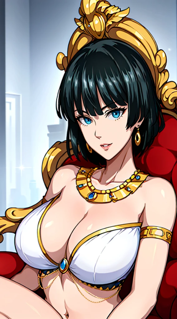 Simple white background,glitter,
barefoot,white dress,cleavage,collarbone, Navel,bare shoulders, Gold leaf on head,
bracelet, earrings, jewelry, gem,Pearl, Green eyes gold necklace, Black hair,explosions,short hair hair,
1girll, 20yo,young woman,Beautiful Finger,Beautiful long legs,Beautiful body,
Beautiful Nose,Beautiful character design, perfect eyes, perfect face,expressive eyes,perfect balance,
looking at the scenes,(Focus on her face.),closed mouth, (innocent_Large_eyes:1.0),(light_smile:0.3),
formal art,Highly detailed CG module 8K rear, perfect illumination,Colored, bright_front_face_lighting,white-skinned,
(Masterpiece:1.0),(Best_quality:1.0), very high resolution,4K,A highly detailed,
photography, 8K, hdr, highres, absurdres:1.2, Kodak portra 400, grain du film, blurry background, bokeh:1.2, lens flare, (vibrant_Farbe:1.2),professional photo,
(A beautiful,Large_breasts:1.4), (A beautiful_face:1.5),(narrow_waist), huge breasts smile closed mouth lipstick green lips earrings
Sitting on throne , Golden throne (chair) studded with diamonds , Throne background