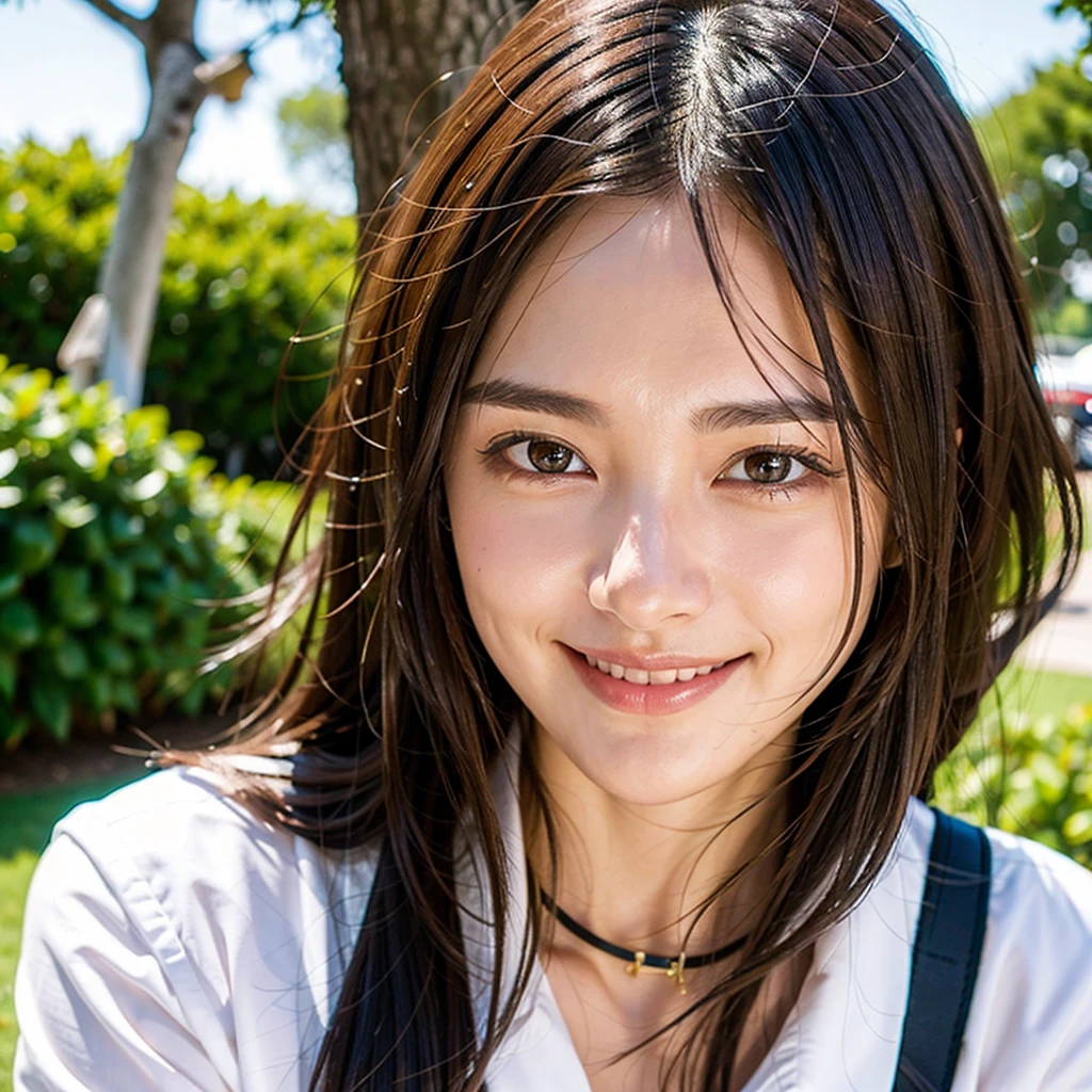 ((Highest quality)), ((masterpiece)), (detailed), One girl, Middle Hair,Dark Brown Hair,Long face,High nose,smile,front,