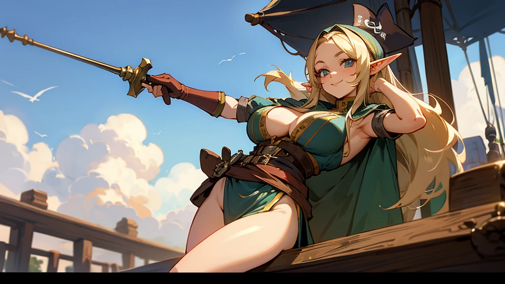 Anime Style,Nostalgic,Detailed background,The medieval world,A bustling ship with many people,Smiling pirate beautiful elf girl,Large Breasts,Healthy thighs,Underarm