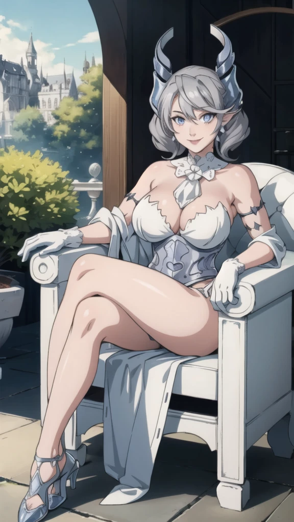 garden sun light High level image quality best image quality 8K adult woman silver castle outside more colors whole body view portrait bikini horn ears short hair((shortcut)(gray hair)(perm)(fluffy)) eye color is blue , , attractive evil face , smile , sexy pose , labrynth , barearm , gloves , wearing white , sitting on chair , smoking, crossed legs, view foot arc , view side