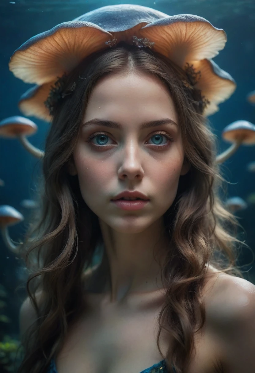a beautiful ethereal girl, ultra detailed, hyperrealistic, 8k, masterpiece, highly detailed face, stunning eyes, elegant facial features, long flowing hair, ethereal glowing flora, fantastical underwater world, alien landscape, bioluminescent plants, alien wildlife, glowing mushrooms, deep sea creatures, dreamlike, vibrant colors, dramatic lighting, cinematic composition, photorealistic