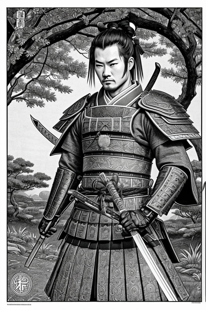 Best Quality, intricate details, line art, black and white image, monochrome, image for coloring book, a samurai from the tokugawa period with his warrior uniform and katanas ready to fight
