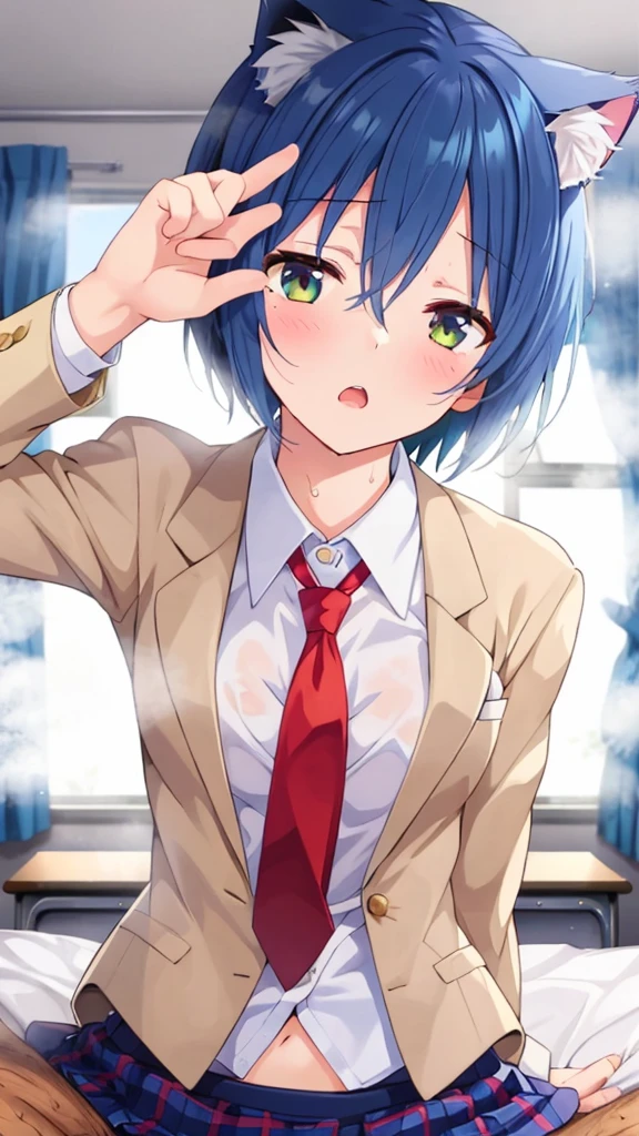 one girl, naive, school blazer, necktie, short hair, small breasts, girl focus, beauty, cat ears, erotic face, open mouth, foggy, drowsy, hypnosis, erotic upperbody, stare at me, bedroom, unconsciousness, open mouth, erotic mouth, fellatio gesture, nsfw, nsfw, plaid skirt