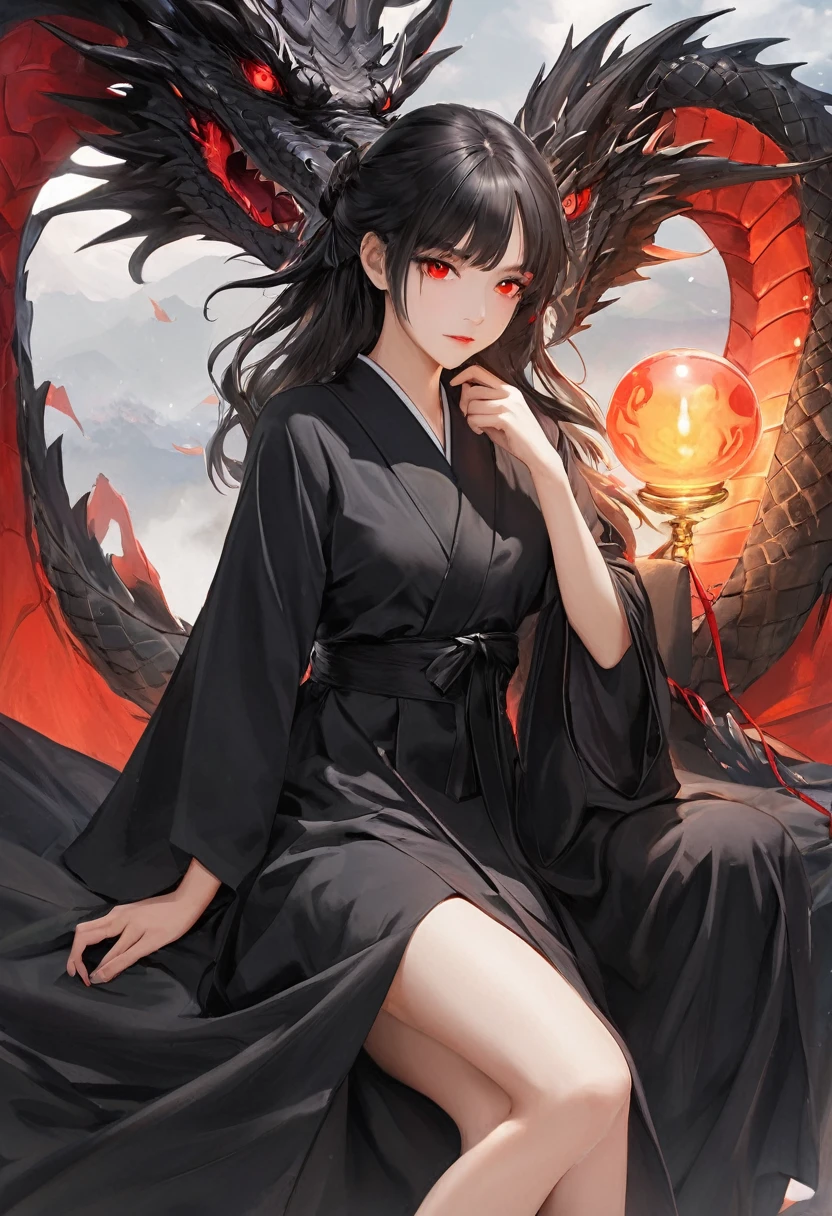 calm , black robe , masterpiece , lady and red eye black dragon ,