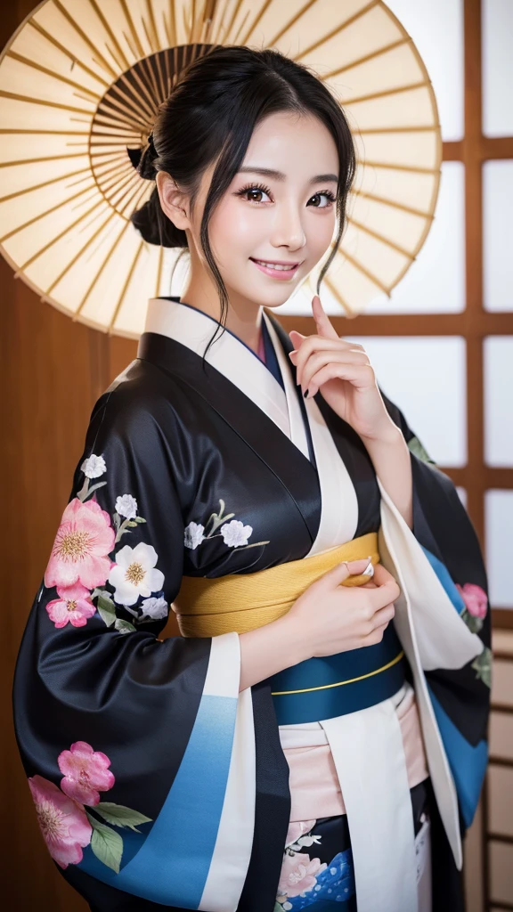 (Super beautiful woman in kimono)、((highest quality、8K masterpiece:1.3))、sharp focus:1.2、(super beautiful face:1.0)、(shiny skin:1.0)、realistic pictures、black hair、video lighting、High resolution eyes and face、video lighting、japanese actress、from the front、with a happy smile、whole body、wearing a kimono、in Kyoto、(luxury obi)、with a fan