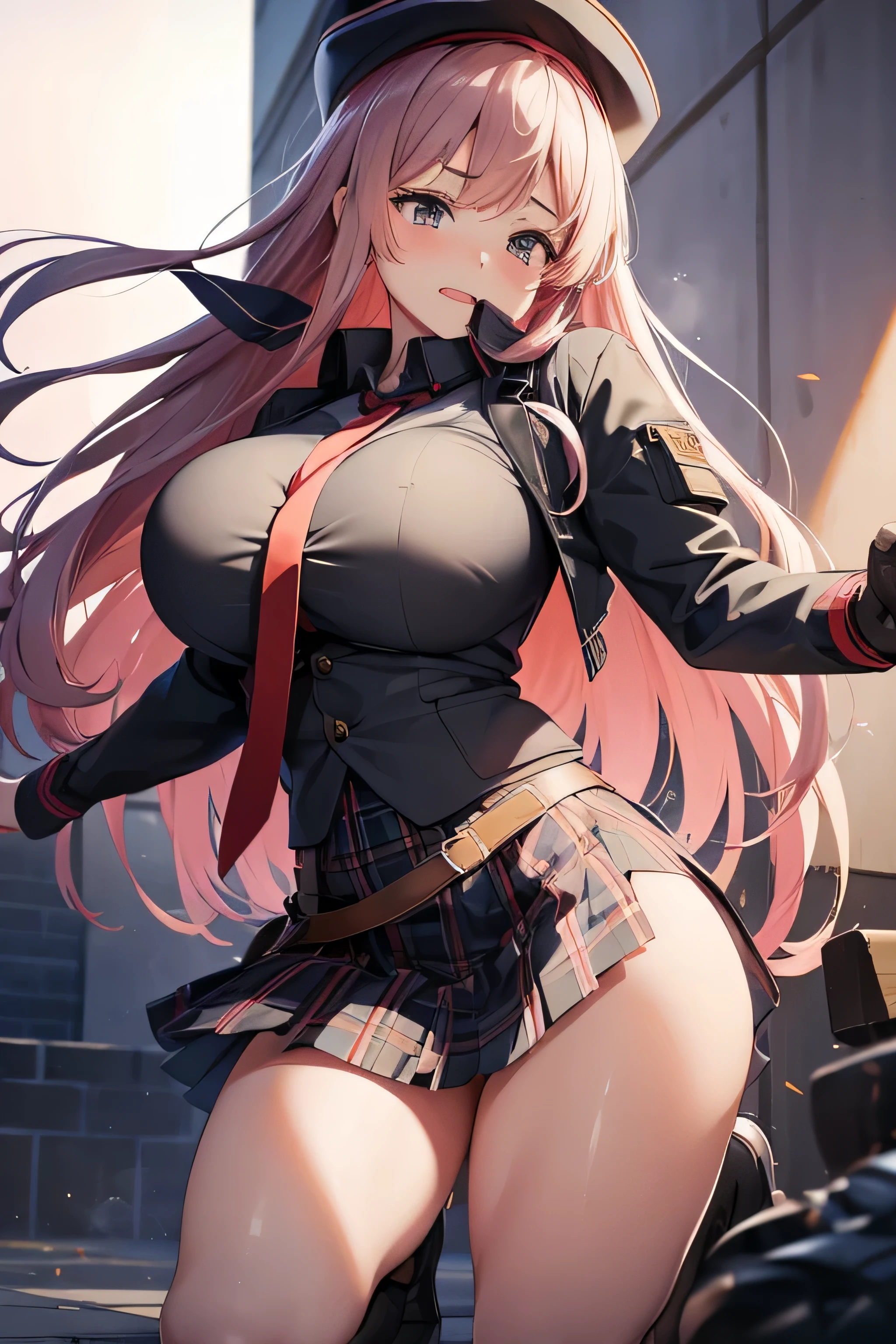 1 girl, nakiri it has, down on my knees, Thighs, navy Thighs, Jacket, plaid skirt, hands on breasts, outdoor, cheered up_screencap_it has