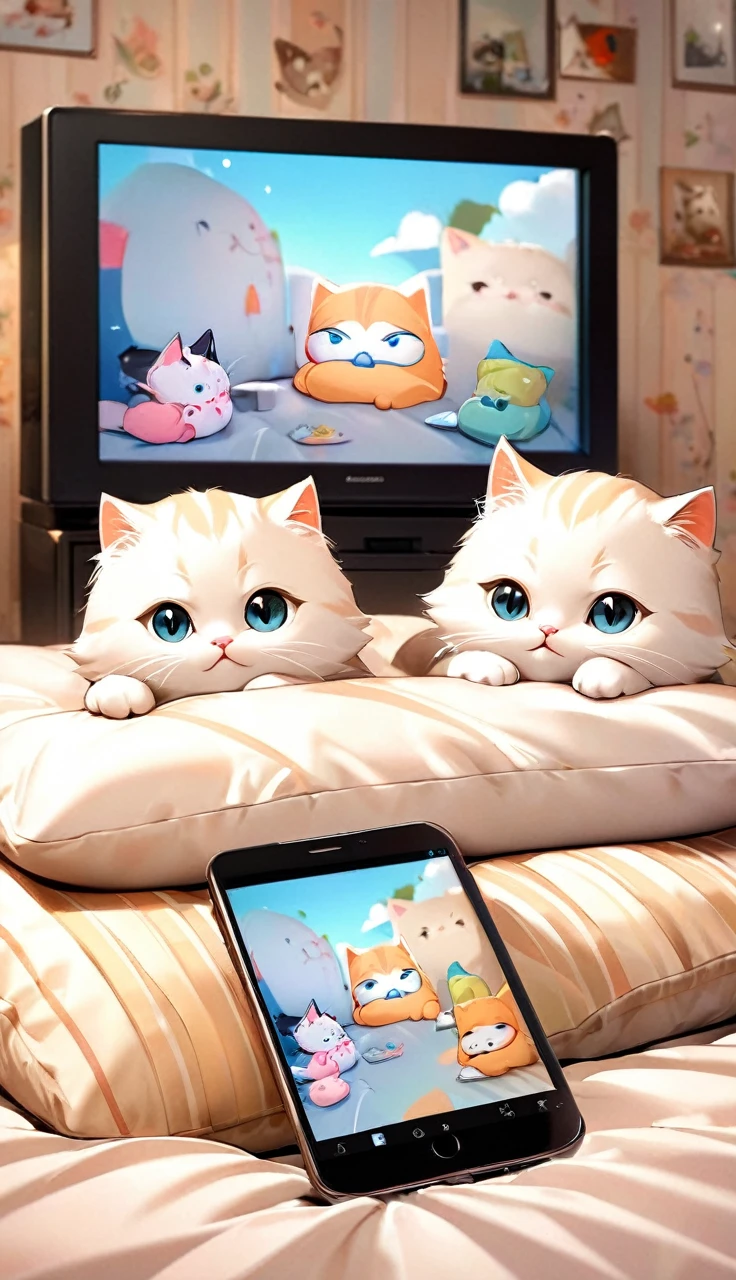 Photographically illustrate the following description.
This picture shows two kittens on a bed with their heads on pillows, looking at a smartphone screen. The cats are relaxed and look as if they are watching TV or video like humans. The pillows look soft and the bed covers look comfortable. Overall, the atmosphere is warm and cozy.