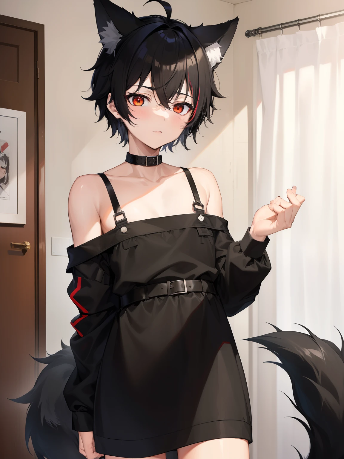((masterpiece, best quality, anime)), ((19 year old Boy)), ((4'6ft)) cute, ((Black messy short hair)) Black ,((Red eyes)), ((Black Really Fluffy Wolf tail)) ((1tail)) ((Black Wolf ears)), Cute expression, nurse outfot