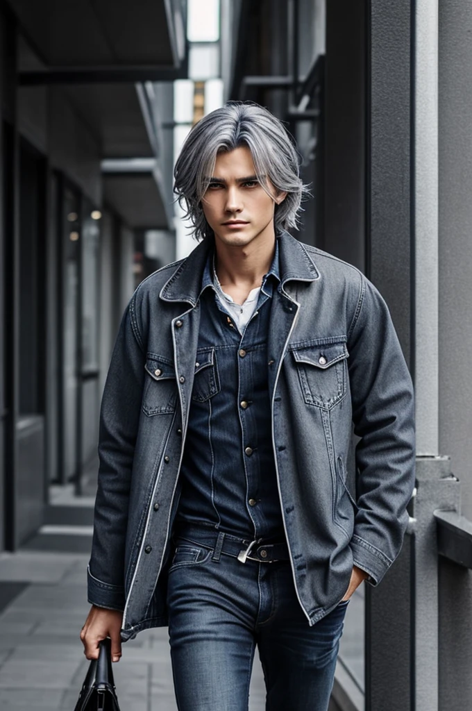 Elegant but somewhat disheveled. Slightly disheveled hair, intense stare, professional but practical attire,With dark gray jacket,blue jeans and high shoes, with an anime style with silver hair 