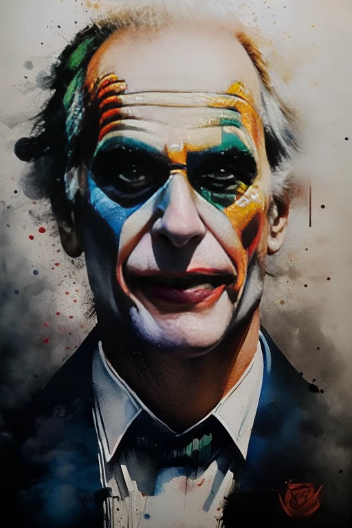 Masterpiece Illustration, high quality, high resolution 16k, a painting of a Joker with a smile on it's face, finnish cartoon, cgi art, oil painting, inspired by Mort Künstler, exaggerated expression, black background hyperrealism, by Václav Brožík, insane face, by Koloman Sokol, serious cartoon, cgi society, author unknown, incredulous, realistic texture, oil painting, ink, cloud,colorful