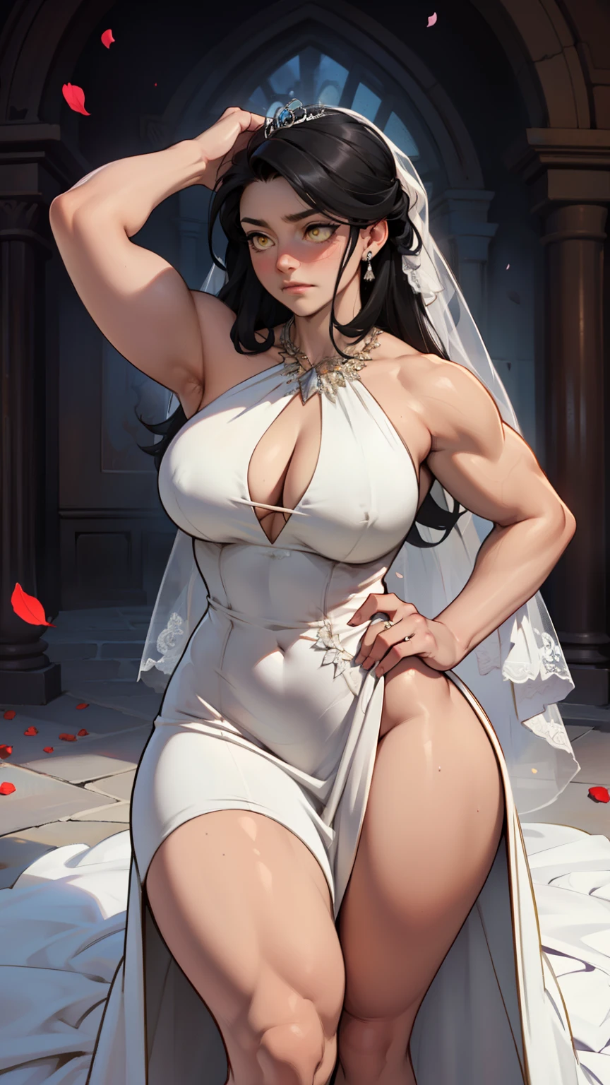 wide hips curvy thick thighs voluptuous large breasts muscular toned body bodybuilder black hair pale skin yellow eyes skintight expressionless sad sad wedding dress wedding dress wedding dress rose petals