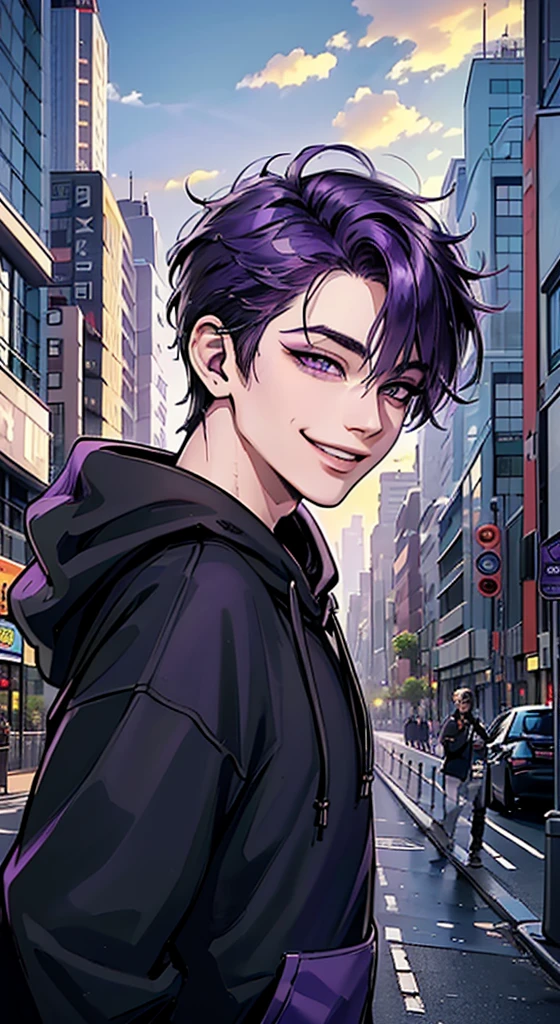 ((4K works))、​masterpiece、(top-quality)、One Beautiful Boy、Slim body、tall、((Attractive street style in black hoodie))、(Detailed beautiful eyes)、Fantastic British cities、Daytime city、((Walking through a city in the UK))、((Daytime bright sky))、((Cities in United Kingdom))、((Shot in UK citieid night、((Short-haired bright purple hair))、((Smaller face))、((purple eyes))、((American adult male))、((Adult male 26 years old))、((Cool Men))、((Like a celebrity))、((Smile showing teeth and smiling))、((Korean Makeup))、((elongated and sharp eyes))、((boyish))、((Upper body photography))、((Happy dating))、Professional Photos、((Shot alone))、((Shot diagonally from the side))、((Shot in close proximity to him))、((He is walking next to the viewer))、((Focus zoom in))