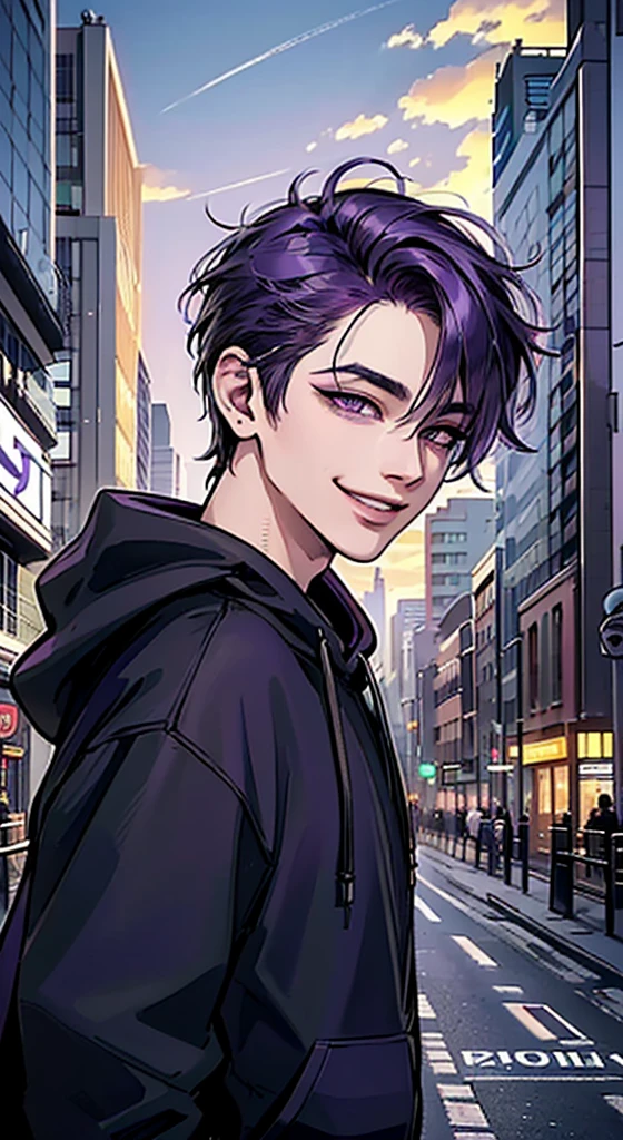 ((4K works))、masterpiece、(top-quality)、One Beautiful Boy、Slim body、tall、((Attractive street style in black hoodie))、(Detailed beautiful eyes)、Fantastic British cities、Daytime city、((Walking through a city in the UK))、((Daytime bright sky))、((Cities in United Kingdom))、((Shot in UK citieid night、((Short-haired bright purple hair))、((Smaller face))、((purple eyes))、((American adult male))、((Adult male 26 years old))、((Cool Men))、((Like a celebrity))、((Smile showing teeth and smiling))、((Korean Makeup))、((elongated and sharp eyes))、((boyish))、((Upper body photography))、((Happy dating))、Professional Photos、((Shot alone))、((Shot diagonally from the side))、((Shot in close proximity to him))、((He is walking next to the viewer))、((Focus zoom in))