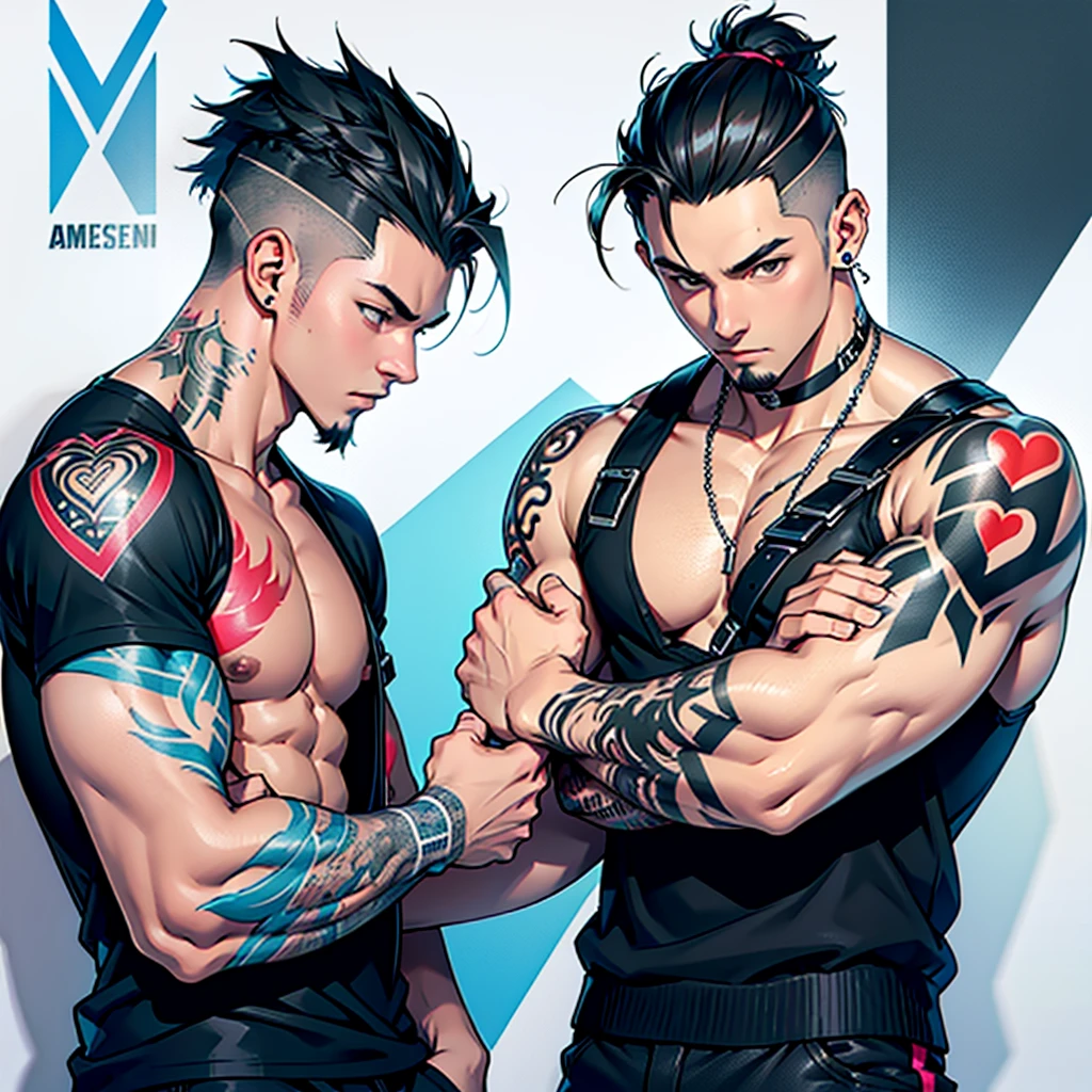 ((Best Quality)) ((high definition quality)), ((Masterpiece)), (detailed), ((without errors)), ((no duplicate limbs))
Create a Korean man who was a K-pop singer, Now he is a rapper who lives in Argentina., He is short and has a thin build.., sweet and clean face, black eyes, with whitish skin although his fine arms are covered with tattoos.It has a more urban and comfortable rapper-style style. Her black hair is messy but in a short punk cut.. Together with an Argentine man, who is tall and muscular, with well-groomed beard and short punk-style hair. He has visible tattoos on his arms.. His clothing is punk style.
The Argentine man has his hands on the Korean man's butt, The Argentine man is kissing the Korean man's neck,. The Korean man is with a pleased expression