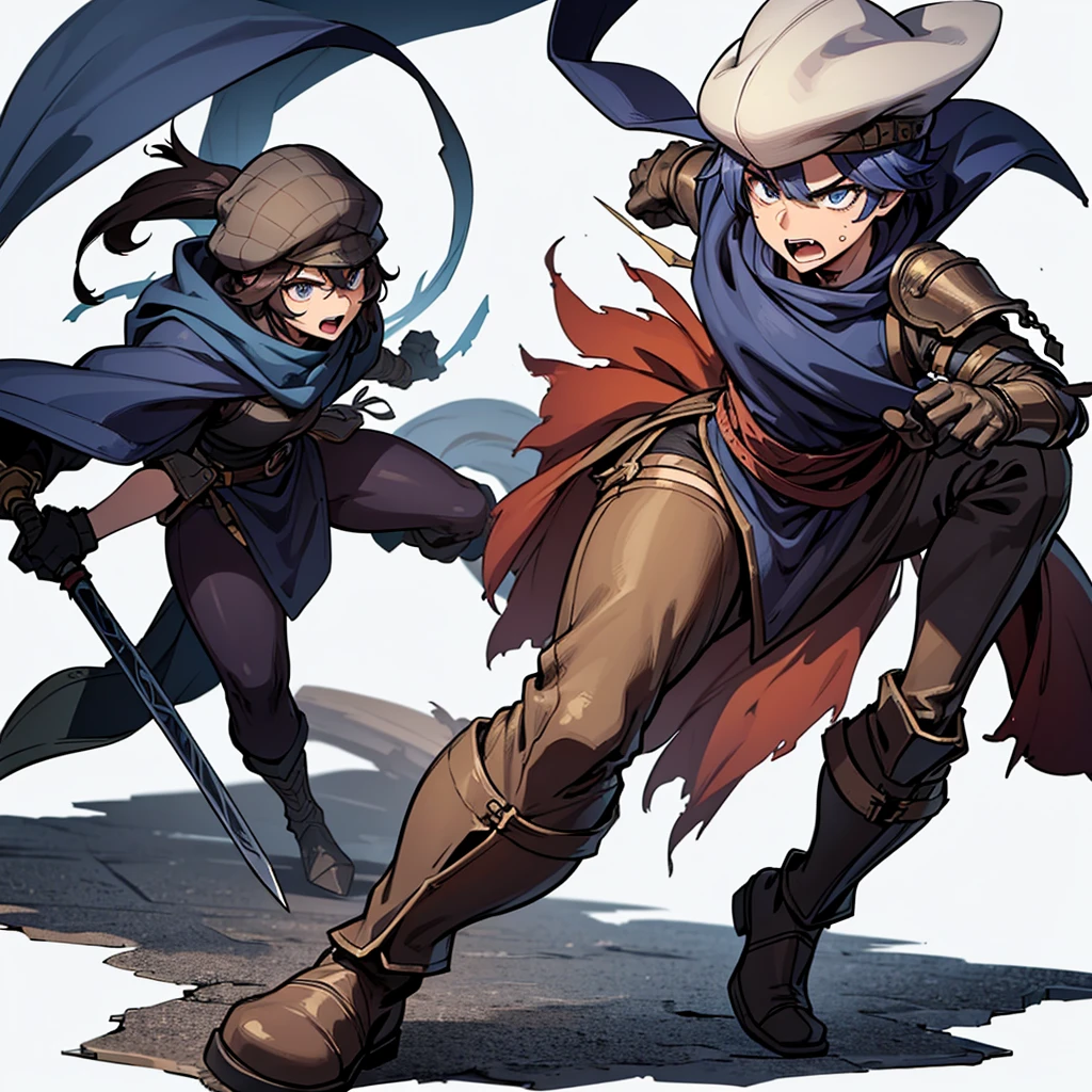 ((Full body character concept, Detailed character design))、Highest quality, Best Quality,Best illustrations、(((Skin Cap))),Medieval bandits、(((20-year-old male)))、Dramatic Angle、(battle)、battlefield、Movement angle、Grab the sword、wasteland、(Fighting stance)、Run、(((White background)))、(20 people、multiple)、early、(get annoyed、Open your mouth、Sweat)、From above、