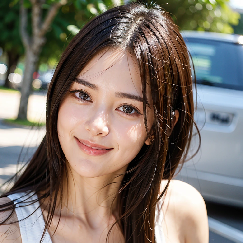 ((Highest quality)), ((masterpiece)), (detailed), One girl, Middle Hair,Dark Brown Hair,Long face,High nose,smile,front,walk,