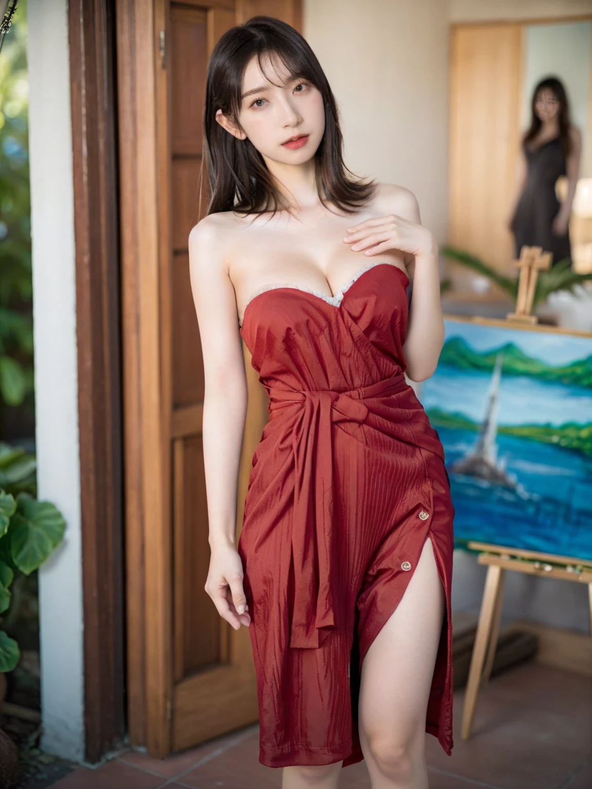 (( in a front a painting, terrace, buy hairstyle, standing, red sexy dress, closeup shot, cleavage, high heels good hands, thighs)), (masterpiece),((ultra-detailed)), (highly detailed CG illustration),(expressionless), (best quality:1.2),(1girl:1.2),High quality texture, intricate details, detailed texture, High quality shadow, brown eye pupil, depth of field, perspective,20s, (big eyes:1.2),blush,perfect body, lean body, (narrow waist:1.3), huge breast, distinct_image, (lustrous skin), solo focus, (brown hair), (streaked hair), ((medium hair)), ((standing))