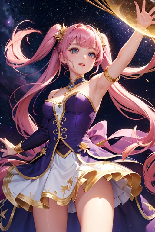 Highest quality、Highest quality、Masterpiece、woman1people、Purple shiny decollete dress、Golden embroidery、Frill mini skirt dress、Perfect body line、Adorable poses、Realistic、Glowing Skin、Groomed eyebrows、Pink Lips、Pink Hair、Blue Eyes、Twin tails、delicate、Shiny Hair、detailed、Skirt in the wind、The background is the starry sky and the sea