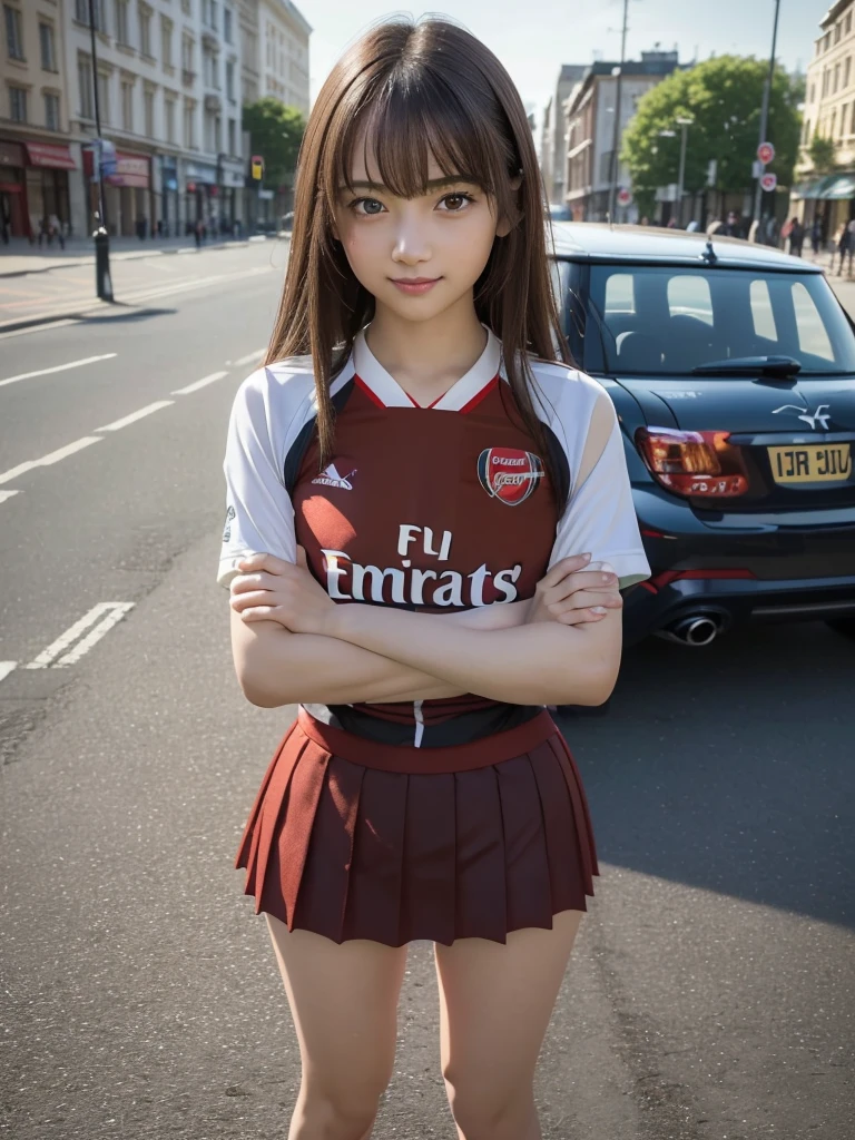 (8K, RAW Photos, Highest quality, masterpiece:1.2), (Realistic, photo-Realistic:1.4), (Highly detailed 8K wallpapers), ((Full Body Shot)), (1 girl), Sharp focus, Depth of written boundary, Cinematic lighting, Soft Light, 緻密な美しさのeye, eye_Chan, Very beautiful girl, innocent big eyes, Realistic, photo Realistic, Highly detailed cute girl, (Thin thighs), (Model Body Type), (((Arsenal Soccer Jersey))), ((Micro Mini Pleated Skirt)), (((Fold your arms in front of your chest and act arrogantly))), ((A happy smile)), Parted lips, Watching the audience, (On the streets of Britain) , (Brown Hair),(Long Bob Hair), (Asymmetrical bangs)
