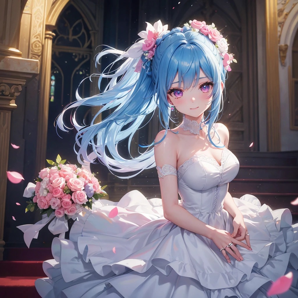 Sky blue hair, (Braided Ponytail),(Pink Eyes),Fair skin ,(whole body),(One girl),bride,A big smile,Straight bangs, 6月のbride,Wedding dress,(masterpiece, Highest quality, Very detailed, Best Shadow), (Detailed Background), (Beautifully detailed face), High Contrast, (Best lighting, Very delicate and beautiful), ((Cinematic Light)), colorful, Hyper Detail, Dramatic Light, Intricate details,Chapel background,Bouquet of roses,Ring on left ring finger,