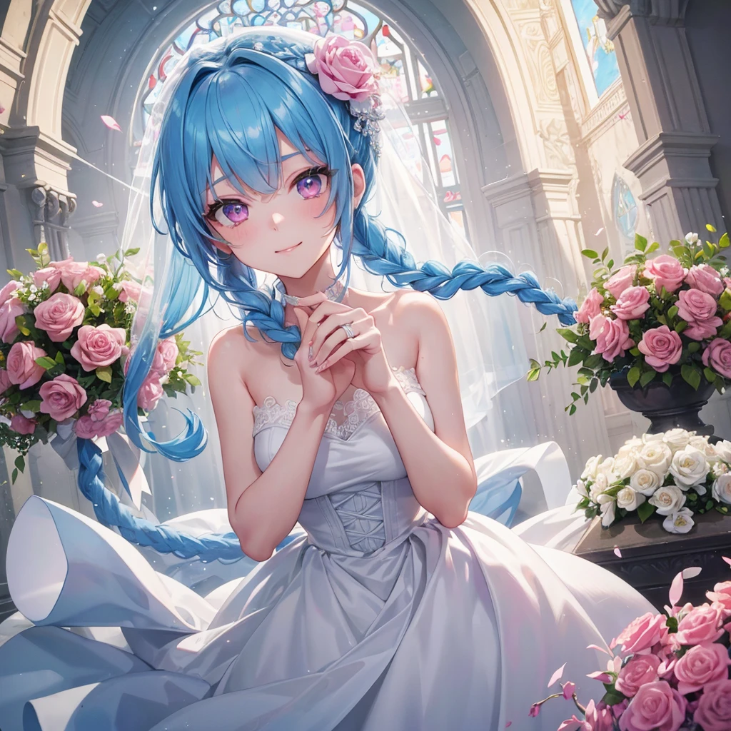 Sky blue hair, (Braided Ponytail),(Pink Eyes),Fair skin ,(whole body),(One girl),bride,A big smile,Straight bangs, 6月のbride,Wedding dress,(masterpiece, Highest quality, Very detailed, Best Shadow), (Detailed Background), (Beautifully detailed face), High Contrast, (Best lighting, Very delicate and beautiful), ((Cinematic Light)), colorful, Hyper Detail, Dramatic Light, Intricate details,Chapel background,Bouquet of roses,Ring on left ring finger,
