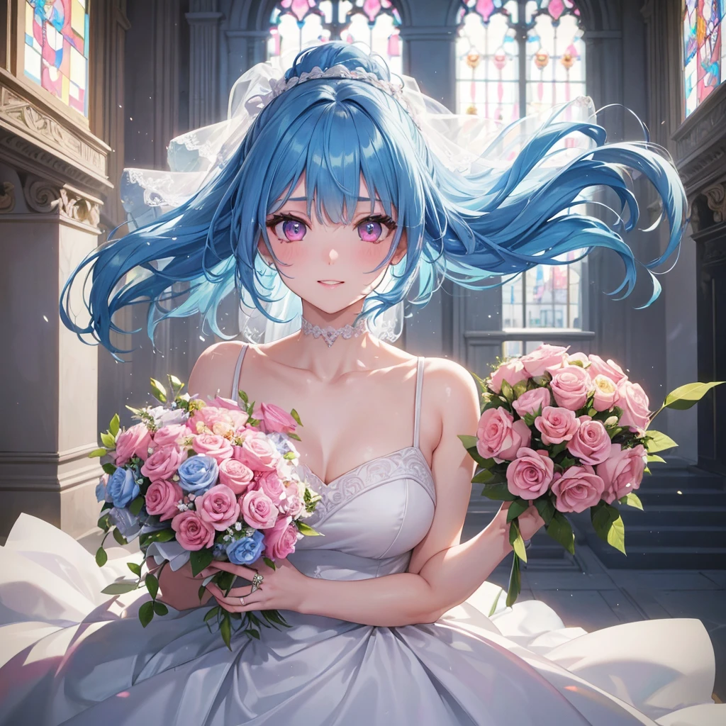 Sky blue hair, (Braided Ponytail),(Pink Eyes),Fair skin ,(whole body),(One girl),bride,A big smile,Straight bangs, 6月のbride,Wedding dress,(masterpiece, Highest quality, Very detailed, Best Shadow), (Detailed Background), (Beautifully detailed face), High Contrast, (Best lighting, Very delicate and beautiful), ((Cinematic Light)), colorful, Hyper Detail, Dramatic Light, Intricate details,Chapel background,Bouquet of roses,Ring on left ring finger,