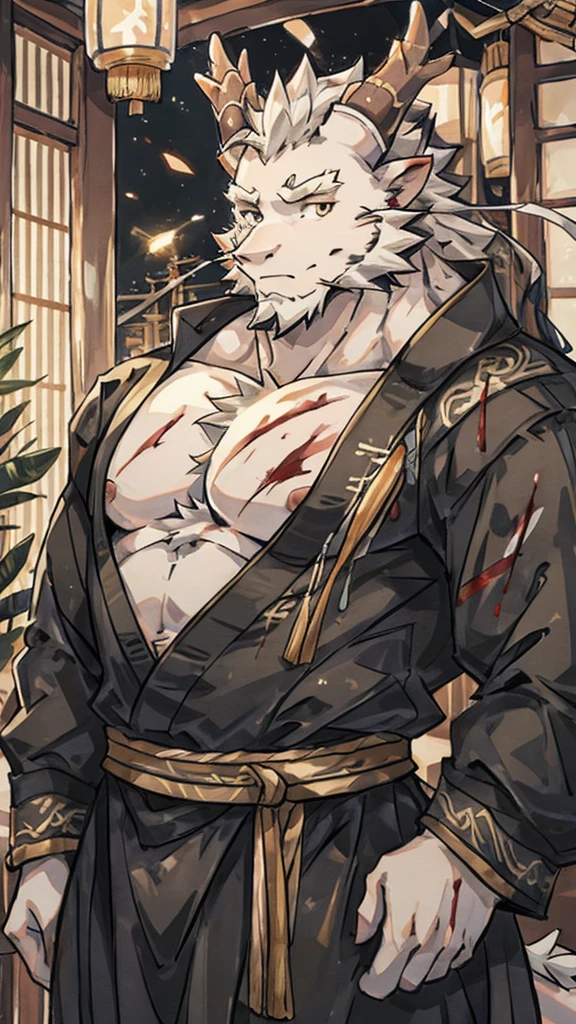 (white eastern dragon),furry,white mustache,big pecs,hearty males,muscular,black imperial robe,naked,adult,traditional_chinese_room,head portrait,scar,blood