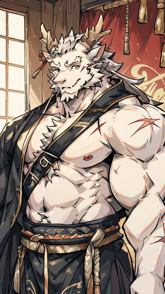 (Best quality: 1.0), (Super High Resolution: 1.0), (masterpiece, best quality:1.2), man, solo, white fur dragon, white fur body, 4 pairs of drooping white ears, fluffy fur, 2 big black horn, dilf, old man, (about 70 years old), huge, tall, daddy, long white hair, hairy, looking pleasured, sexually, sexy pose, SFW, (male anthro dragon:1.3), (white body:1.1), skinny, navel, nipples, look at view, detail hands, butler, topless, underwear, bulge, very detail, (look at view), first person view, side view, wearing glasses, wearing gloves, dimly lit room, gentle face, handsome face, tail, close-up view, by bebebebebe