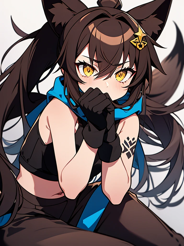 1 fox woman, fox ears, six fox tails, dark brown hair, one ponytail, yellow star-shaped hair clip, brown eyes, tattoo of a black heart on the cheek, serious face, grey scarf, black top, black fingerless gloves, blue harem pants, black shoes, square background