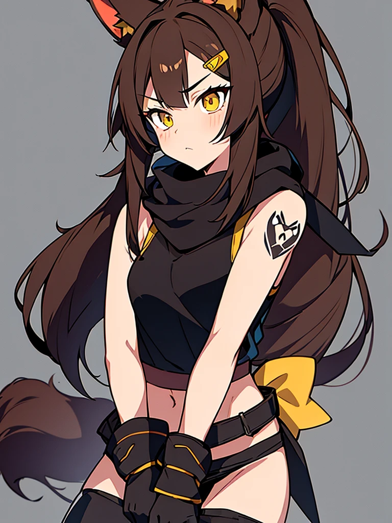 1 fox woman, fox ears, six fox tails, dark brown hair, one ponytail, yellow star-shaped hair clip, brown eyes, tattoo of a black heart on the cheek, serious face, grey scarf, black top, black fingerless gloves, blue harem pants, black shoes, square background