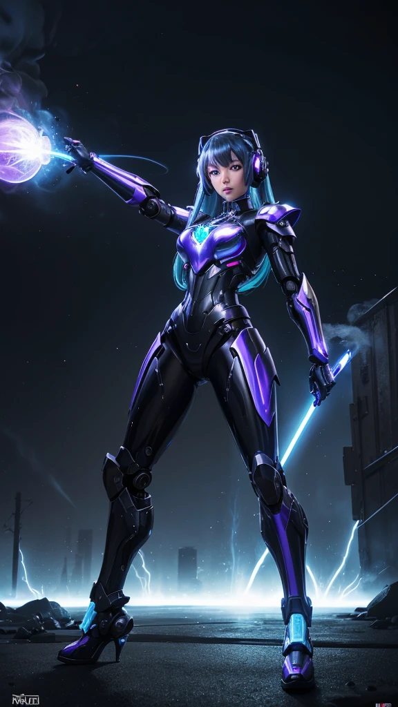 whimsical hyper realistic illustration of the beautiful mecha-robot-lady, Hatsune miku by artgerm, Gil Elvgren, Vladimir Volegov, Earl Moran, Enoch Bolls, wearing a cyborg black purple shiny metal armor-jacket-suit combination with samurai-battle-armor and big black silver shiny shoes, gaze looking and facing forward. standing defense pose, ready to throw a fireball with blue energy in his hand. smoke and lightning effects, black background, full body, intricate details, blue and purple neon lights, UHD with 4k resolution.