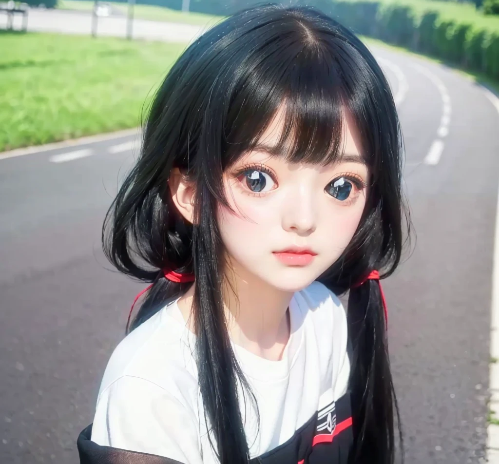 cute girl with long black hair and green eyes standing on a road, beautiful visual of a cute girl, cute visual of a young woman, cute best girl, an beautiful girl, young girl, today's featured anime still, sui ishida with black hair, beautiful high school girl, realistic 4k