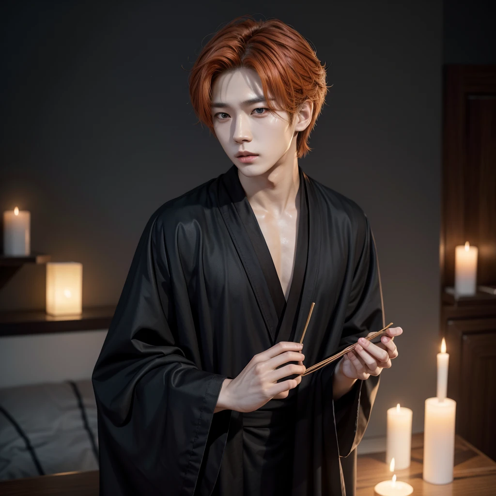 Hyunjun hur actor and kpop idol more realism in hair and clothing hair orange, a korean kpop idol actor who is dressed in a black robe, in a witches&#39; coven, all dark witches, curse and witchcraft, the background that is dark spooky Create an image of our Korean Kpop idol actor with a black robe in the middle of a coven of witches, surrounded by curses and witchcraft. Imagine our Korean Kpop idol actor dressed in a black robe in a dark and spooky witch setting, with an aura of mystery and black magic around him. It represents our Kpop idol in the middle of a dark forest full of witches and curses, sporting a black robe and giving off an aura of supernatural power. Crea una imagen surrealista de nuestro actor coreano idol de Kpop con una túnica negra in a witches&#39; coven, where magic and darkness intertwine in a setting of witchcraft. Transform our Kpop idol into a mysterious and powerful figure in a dark witch setting, with a black robe that highlights his presence in the midst of evil sorcery.