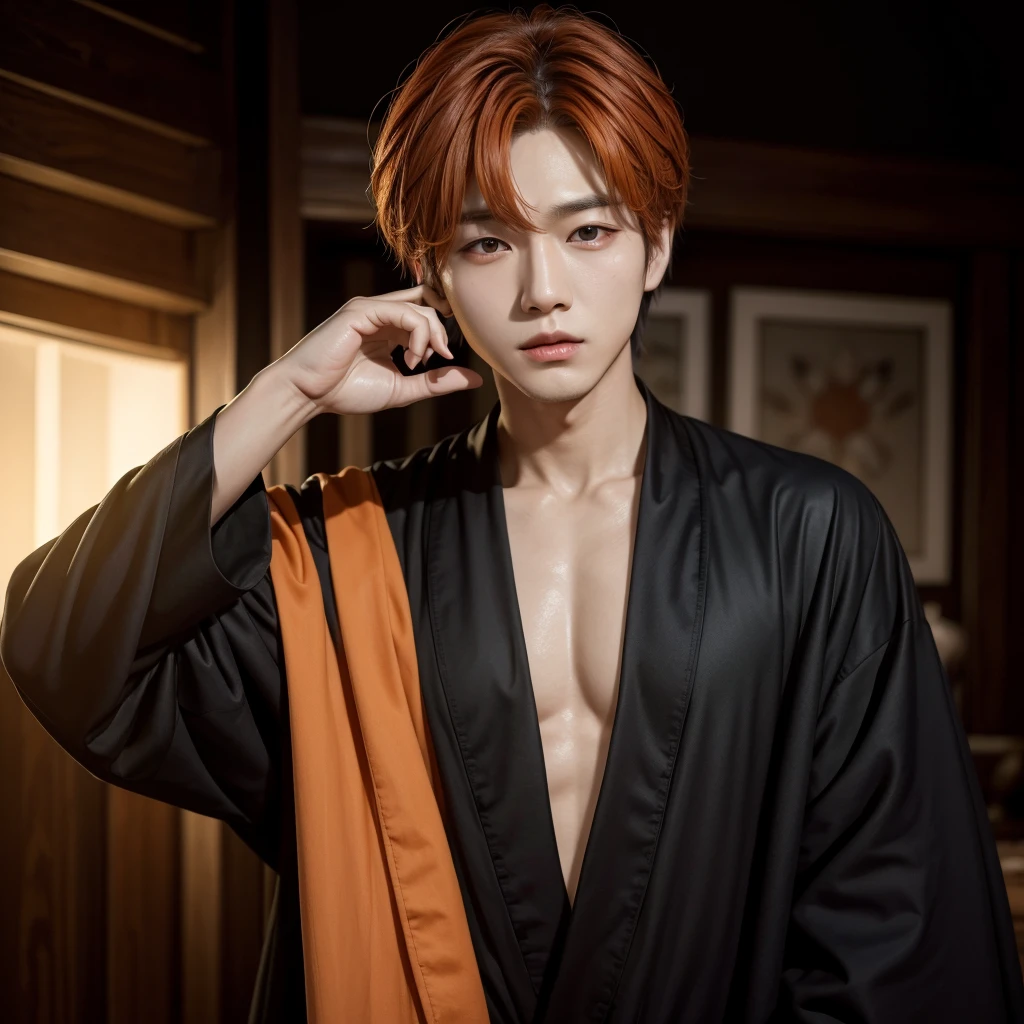 A skinny red-haired and handsome Asian man, with scars all over his body. , he has bright yellow eyes and glasses. wearing a white Yukata with full moon details, fully body