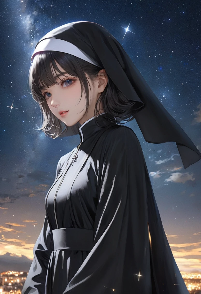 calm , black robe nun , masterpiece , cloudly night full stars , close up , beauty ,