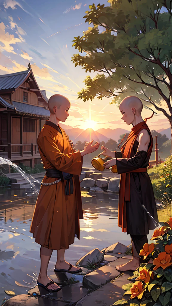 arafed monk giving a boy a water hose on the side of the road, Buddhist monk, 2 1 st century monk, fisting monk, monk, Thawan Duchanee, pray, monk meditate, Taken at golden hour, wearing a brown coat, monks, very powerful, The difficult morning light, Buddhist, Powerful photos, at dawn