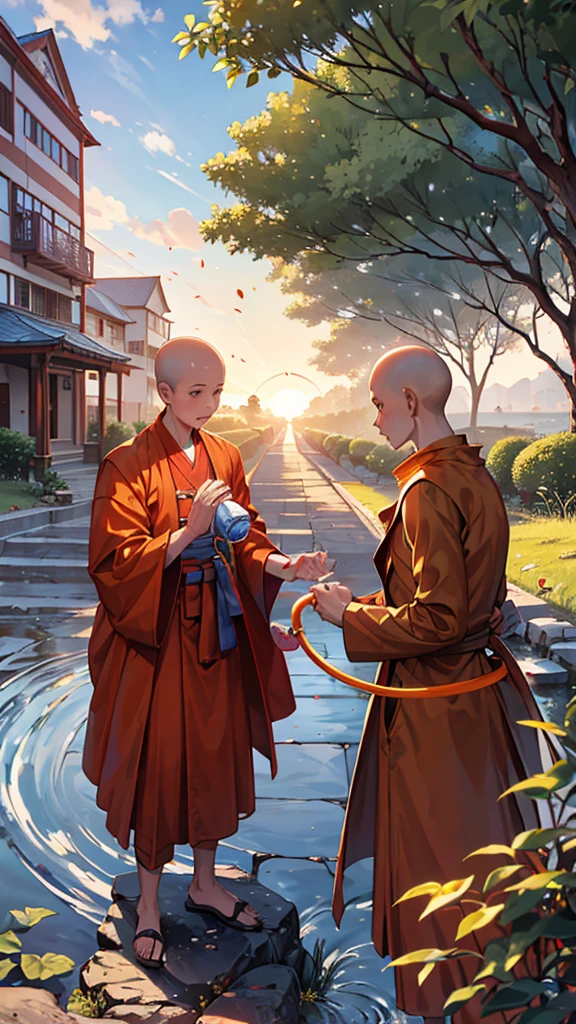arafed monk giving a boy a water hose on the side of the road, Buddhist monk, 2 1 st century monk, fisting monk, monk, Thawan Duchanee, pray, monk meditate, Taken at golden hour, wearing a brown coat, monks, very powerful, The difficult morning light, Buddhist, Powerful photos, at dawn