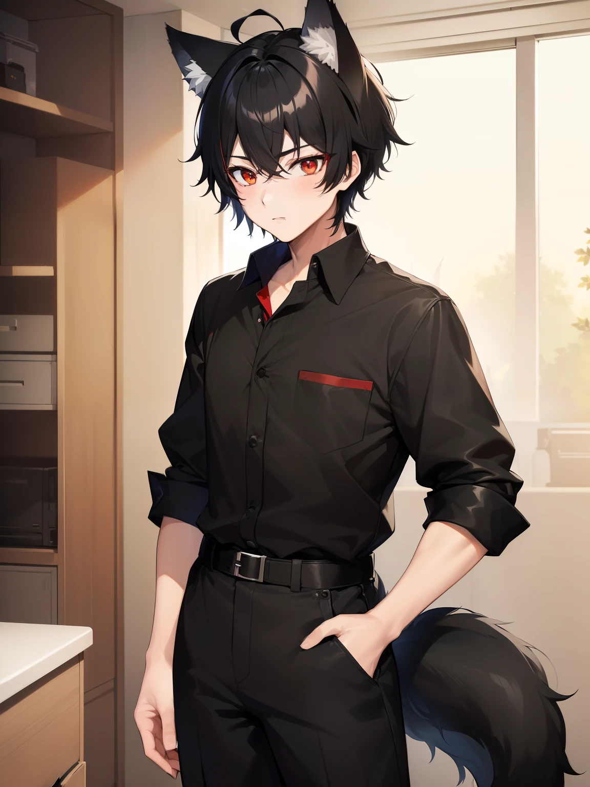 ((masterpiece, best quality, anime)),  ((19 year old Boy)), ((4'6ft)) cute, ((Black messy short hair)) Black  ,((Red eyes)), ((Black Really Fluffy Wolf tail)) ((1tail)) ((Black Wolf ears)), Cute expression, nurse outfot