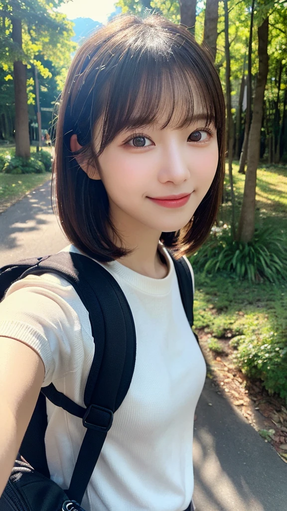 Mid-length hair, Japanese, cute, Highest quality,masterpiece:1.3, High resolution, The skin looks healthy、The color is also uniform., flashlight, Depth of written boundary, chromatic aberration, Wide range of lighting, Shadow, Hilarious, sweater, View the viewer:1.2, Ultra-detailed,Caustics, night, Photorealistic:1.4,RAW撮Shadow, performer, moon, Have, Shadow, Backpack, 1 Girl, cigarette, smile, Random pose, High resolution 16k human skin close-up, Skin Textureはnatureです, Outdoor, Upper body selfie, contrast, Mountain boots, Black-haired, gloves, rock, Analog Style, wood, river, 23 years old, forest, Very detailed, Warm shades, Warm Tones, nature, natureUsing light and color, Film Grain:1.3, Ultra-Realistic Capture, Skin Texture, Happy, Mountain々, sunny