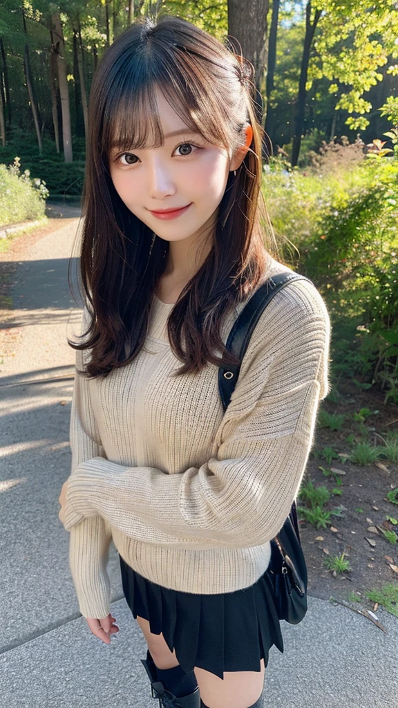 Mid-length hair, Japanese, cute, Highest quality,masterpiece:1.3, High resolution, The skin looks healthy、The color is also uniform., flashlight, Depth of written boundary, chromatic aberration, Wide range of lighting, Shadow, Hilarious, sweater, View the viewer:1.2, Ultra-detailed,Caustics, night, Photorealistic:1.4,RAW撮Shadow, performer, moon, Have, Shadow, Backpack, 1 Girl, cigarette, smile, Random pose, High resolution 16k human skin close-up, Skin Textureはnatureです, Outdoor, Upper body selfie, contrast, Mountain boots, Black-haired, gloves, rock, Analog Style, wood, river, 23 years old, forest, Very detailed, Warm shades, Warm Tones, nature, natureUsing light and color, Film Grain:1.3, Ultra-Realistic Capture, Skin Texture, Happy, Mountain々, sunny