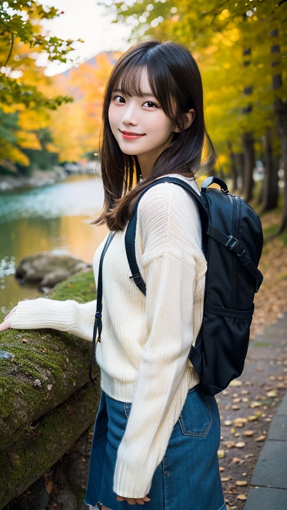 Mid-length hair, Japanese, cute, Highest quality,masterpiece:1.3, High resolution, The skin looks healthy、The color is also uniform., flashlight, Depth of written boundary, chromatic aberration, Wide range of lighting, Shadow, Hilarious, sweater, View the viewer:1.2, Ultra-detailed,Caustics, night, Photorealistic:1.4,RAW撮Shadow, performer, moon, Have, Shadow, Backpack, 1 Girl, cigarette, smile, Random pose, High resolution 16k human skin close-up, Skin Textureはnatureです, Outdoor, Upper body selfie, contrast, Mountain boots, Black-haired, gloves, rock, Analog Style, wood, river, 23 years old, forest, Very detailed, Warm shades, Warm Tones, nature, natureUsing light and color, Film Grain:1.3, Ultra-Realistic Capture, Skin Texture, Happy, Mountain々, sunny