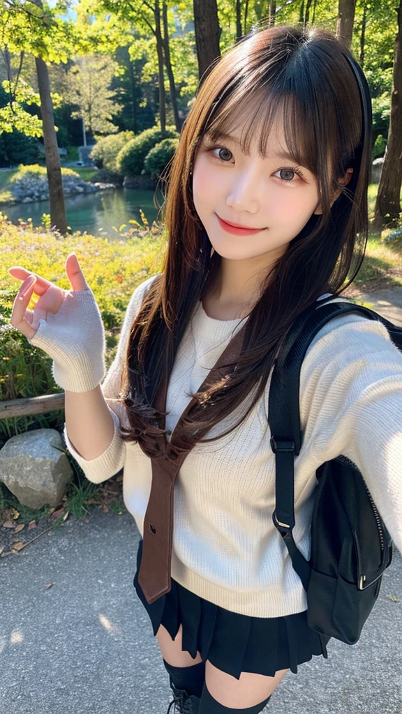 Mid-length hair, Japanese, cute, Highest quality,masterpiece:1.3, High resolution, The skin looks healthy、The color is also uniform., flashlight, Depth of written boundary, chromatic aberration, Wide range of lighting, Shadow, Hilarious, sweater, View the viewer:1.2, Ultra-detailed,Caustics, night, Photorealistic:1.4,RAW撮Shadow, performer, moon, Have, Shadow, Backpack, 1 Girl, cigarette, smile, Random pose, High resolution 16k human skin close-up, Skin Textureはnatureです, Outdoor, Upper body selfie, contrast, Mountain boots, Black-haired, gloves, rock, Analog Style, wood, river, 23 years old, forest, Very detailed, Warm shades, Warm Tones, nature, natureUsing light and color, Film Grain:1.3, Ultra-Realistic Capture, Skin Texture, Happy, Mountain々, sunny