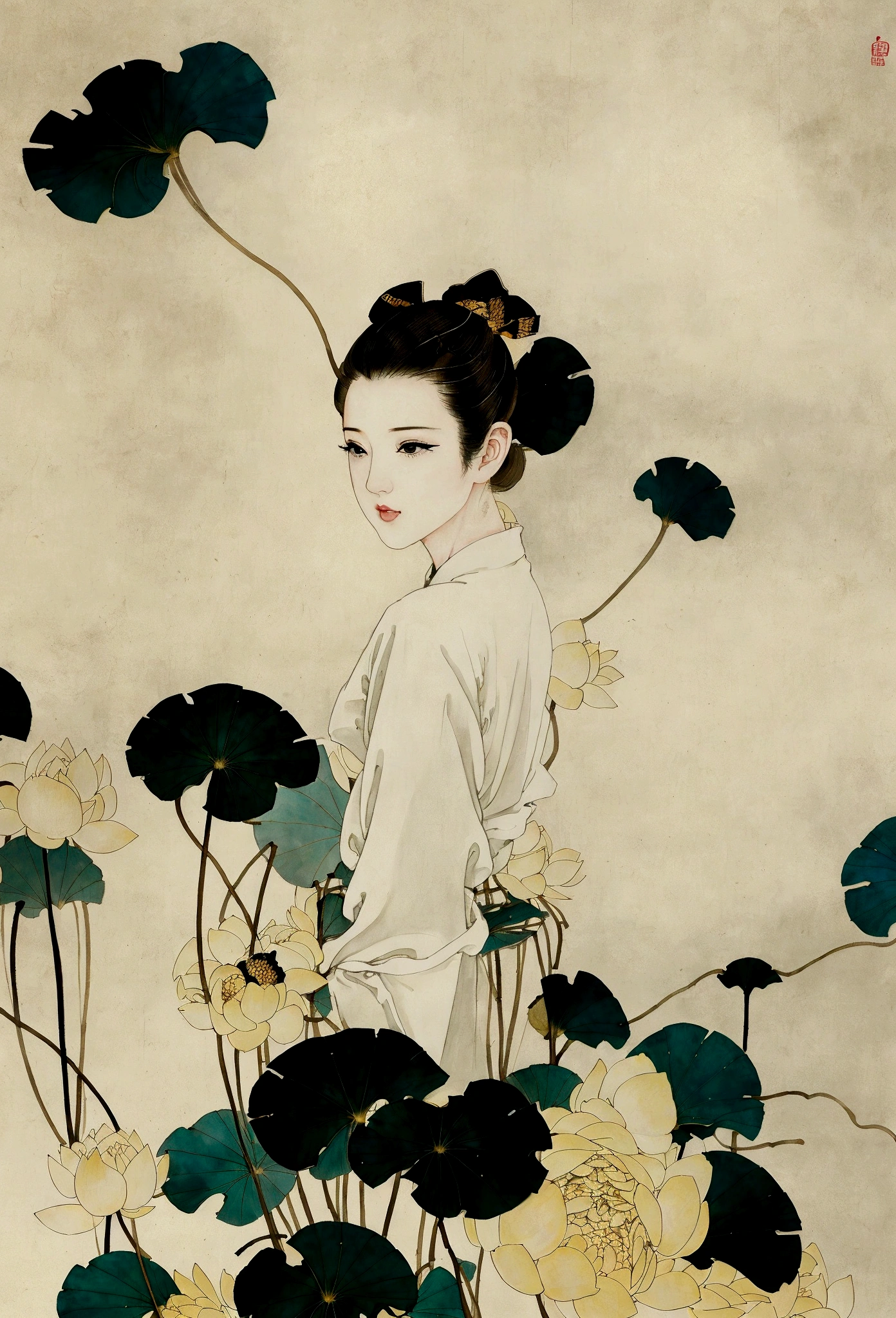Ink and brushwork style,Lotus,Lotus Leaf,Lotus pod,Yellow and blue color scheme,Close shot,close up,Simple lines,Hand Painted,HD details,White background,Painting on rice paper,HD 8k
