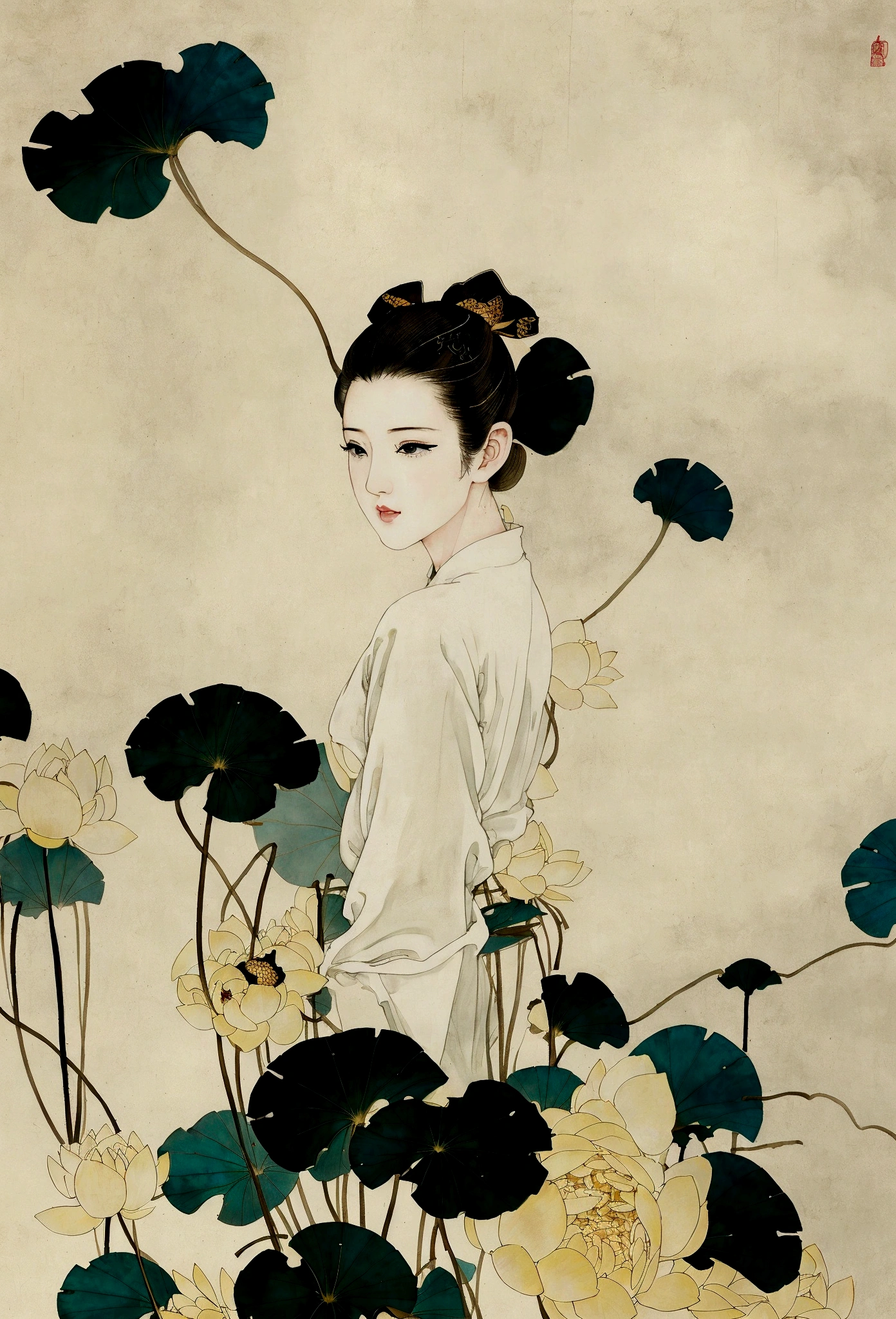 Ink and brushwork style,Lotus,Lotus Leaf,Lotus pod,Yellow and blue color scheme,Close shot,close up,Simple lines,Hand Painted,HD details,White background,Painting on rice paper,HD 8k