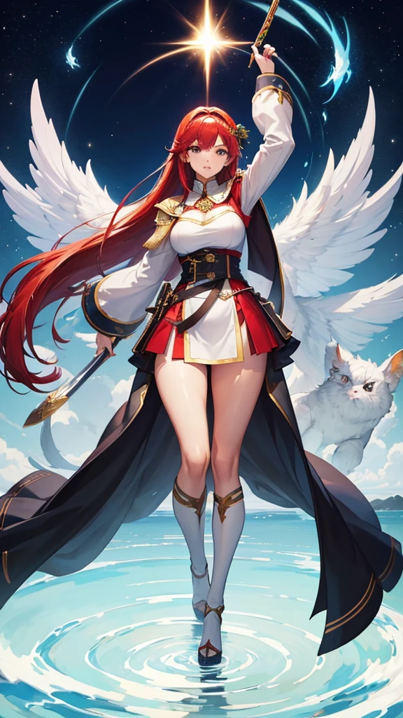 (masterpiece, 4K ,Super detailed:1.2), (anime:1), whole body側面図, jRPG Characters, jRPG Characters art, RPG Characters, View Viewer, Red hair, ((Female Swordsman), (Medieval), whole body, (Perfect quality), Pure white background, Lots of white space, Dark skin, whole bodyが写っている