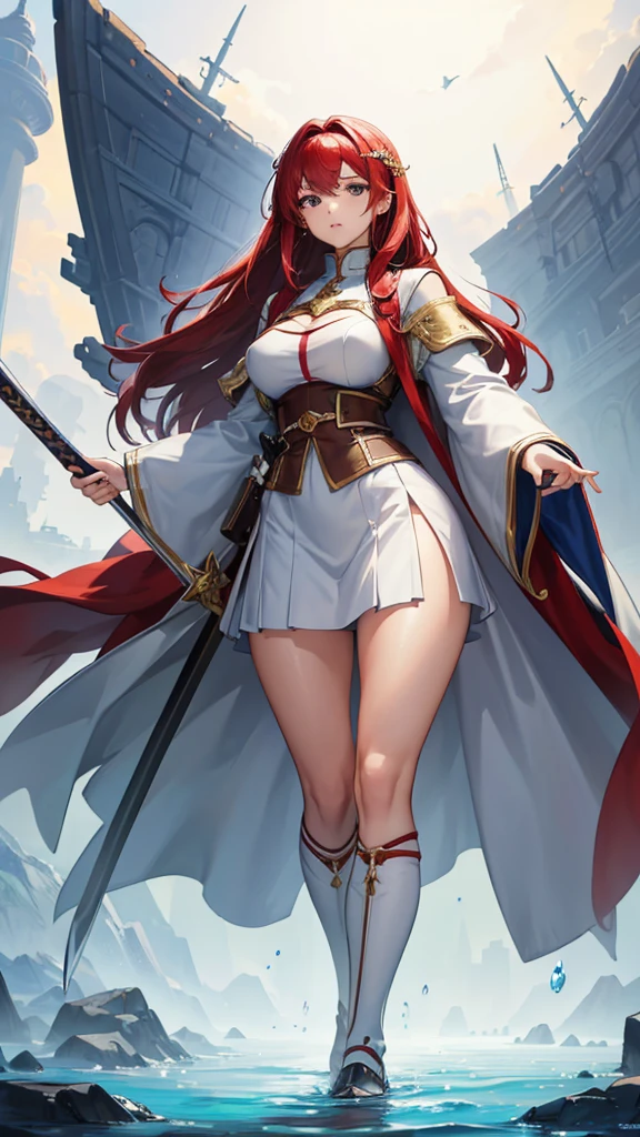 (masterpiece, 4K ,Super detailed:1.2), (anime:1), whole body側面図, jRPG Characters, jRPG Characters art, RPG Characters, View Viewer, Red hair, ((Female Swordsman), (Medieval), whole body, (Perfect quality), Pure white background, Lots of white space, Dark skin, whole bodyが写っている