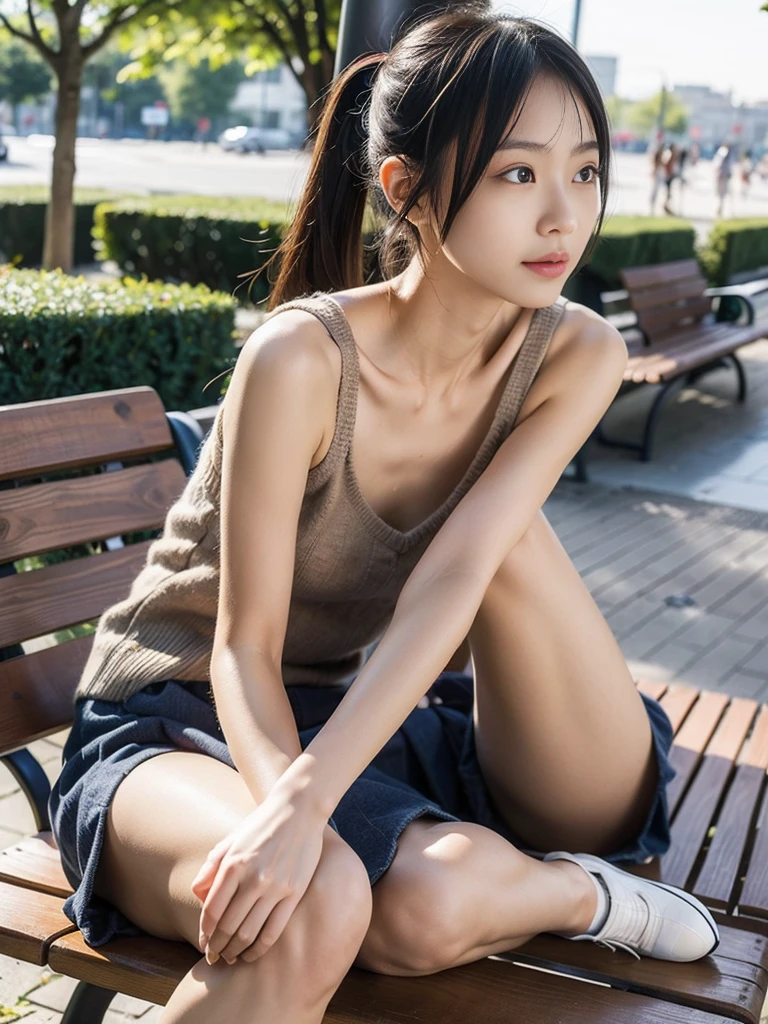 masterpiece, 8K, Photorealistic, Optimal ratio, Detailed face,((No clothes))、((Crouch)),(Completely naked)、Immature girl1people,Thick pubic hair,The vagina looks good、Focus on the vagina、Small nipples、Slender body、Being thin、Long, slender legs、With legs apart,((MCharacter splits))、Focus on the vagina、loafers,Young face、bangs,A small smile,Touching hair with your hands,Ponytail with barrette,school bag,From below,Front light,Leaning on a park bench with legs apart